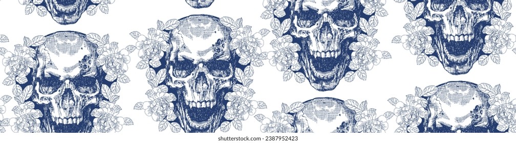 Vintage blue skull with flowers and butterflies seamless pattern	