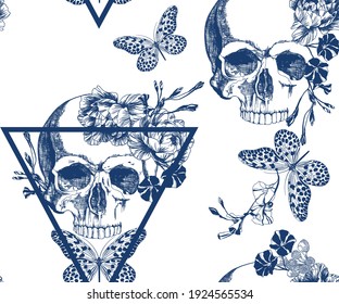 Vintage blue skull with flowers and butterfly on inverted triangle, seamless pattern.