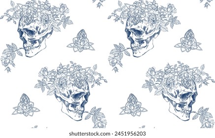 Vintage blue skull with flowers roses seamless pattern