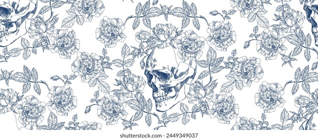 Vintage blue skull with flowers seamless pattern	
