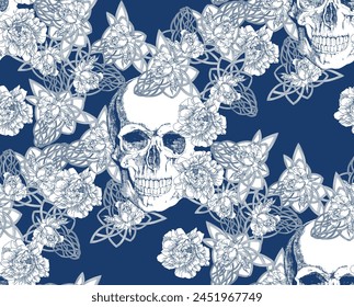 Vintage blue skull with flowers seamless pattern	

