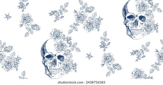 Vintage blue skull with rose flowers and leaves seamless pattern