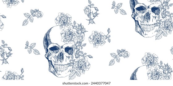 Vintage blue skull with roses flowers seamless pattern	
