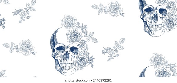 Vintage blue skull with roses flowers  seamless pattern	