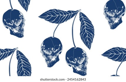 Vintage blue skull-cherry seamless pattern