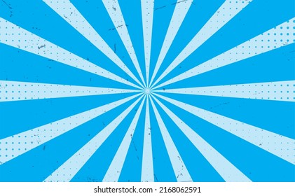 Vintage blue sky halftone ray retro radial sunburst background. Template for presentation, social media, creative studio, mockup