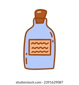 Botella pequeña de color azul vintage con corcho, frasco para bebidas, especias, pociones. Dibujo gráfico aislado de vector colorido dibujado a mano. Poción de amor, elixir mágico, contenedor con imágenes de clip de etiqueta