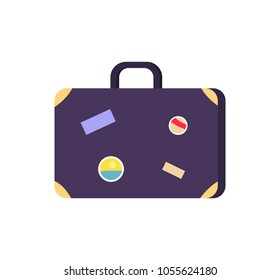 Vintage blue suitcase icon with colorful stickers pasted on its side. Vector illustration of retro styled bag isolated on white background