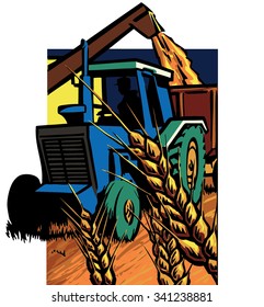 Vintage blue tractor towing a hamper with a large loading arm filling it, harvesting wheat grain.