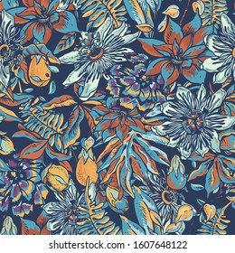 Vintage blue tropical floral natural seamless pattern. Passiflora texture, flowers, exotic leaves. Hand drawn vector illustration