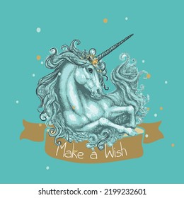 Vintage blue unicorn greeting card.