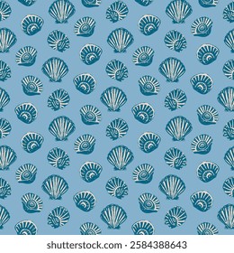 Vintage Blue and White Seashells on Light Blue Pattern. Hand-drawn seashells in blue and white on a light blue background, vintage coastal-inspired pattern, perfect for ocean and nautical themes.