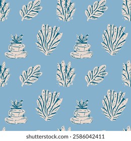 Vintage Blue and White Seaweed on Light Blue Pattern. Hand-drawn seaweed and stacked stones in blue and white on a light blue background vintage coastal-inspired pattern, perfect for ocean themes.