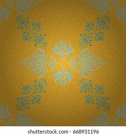 Vintage blue and yellow seamless pattern, abstract ornament brocade textile pattern, motley stylized elements for fabric, printing or wrapping paper.
