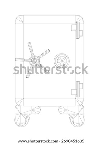 Vintage blueprint of a safe with wheels, featuring a detailed wireframe view of the vault door, handle, and lock mechanism.
