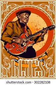 Vintage blues vector illustration - old bluesman is playing on guitar