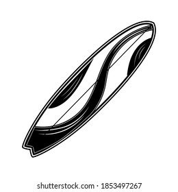 Vintage board for surfing vector illustration. Monochrome surfboard with flowing decoration. Hawaii and tropical adventure concept can be used for retro template, banner or poster