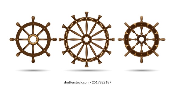 Vintage boat rudder. 3d wooden ship wheel set, wooden antiques steering helm isolated vector illustration