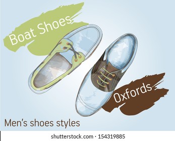 Vintage Boat Shoe And Oxford Shoe On Blue Background. Men's Shoes