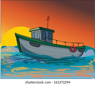 Vintage boat at sunset, vector illustration