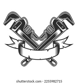 Vintage body shop mechanic spanner repair tool or construction wrench for gas and builder plumbing pipe with ribbon in monochrome style isolated vector illustration