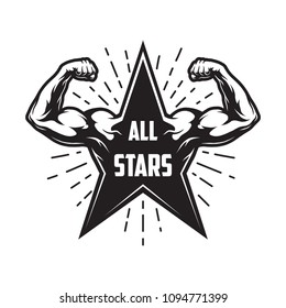 Vintage bodybuilding emblem concept with inscription star shape and strong man muscles isolated vector illustration