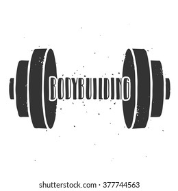 Vintage bodybuilding poster. Vector dumbbell and lettering on a grunge white background