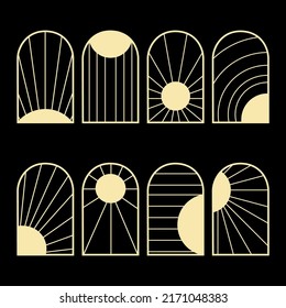 Vintage Bohemian arch window logo art collection, icons and symbols, sun or moon, rays geometric abstract design simple scandinavian minimalistic wall decor room interior vector illustration.