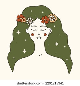 Vintage bohemian illustration of forest witch with long green hair and floral diadem. 60s and 70s vibes psychedelic vector clipart. Meditating pagan woman. Abstract trippy art. Symbol of nature