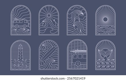 Vintage bohemian linear surfing, ocean, sea badge, icon, design. Simple geometric surf camp, resort, stickers, t shirt template, design frame.