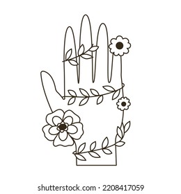 Vintage bohemian outline hand with flowers and bindweed. 60s and 70s vibes psychedelic vector sketch. Cartoon future prediction symbol. Boho illustration of providence sign. Abstract trippy drawing