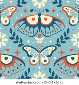 Vintage Bohemian style vector seamless pattern. Mystic folk background with moth, boho butterfly. Limited palette seamless graphic for fabric, backdrop Sacred spring garden aesthetic.