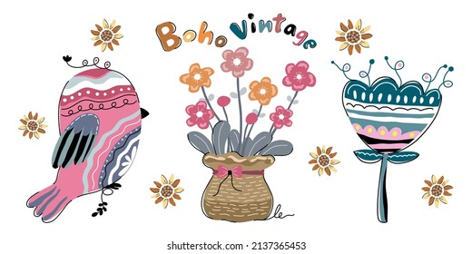 Pájaro boho vintage, vectores de flores y hojas para decoración, camisetas, telas, impresiones digitales, tarjetas, almohadas, resortes, patrones de papel, patrones de ropa, tazas, bolsas y más.