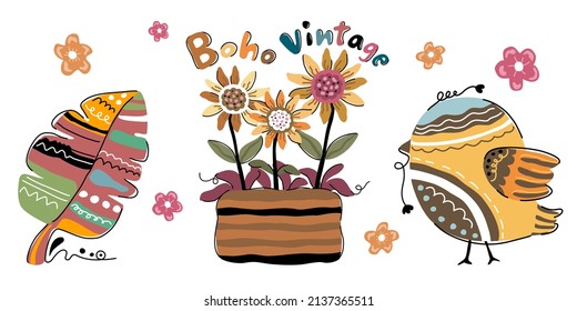 Vintage boho bird, flower and leaf vector set for decoration, t-shirts, fabrics, prints, digital prints, cards, pillows, springs, paper patterns, clothes patterns, mugs, bags and more.