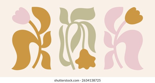 Vintage boho flowers vector illustrations set. Neutral colors minimalist floral plants clipart