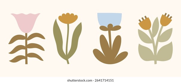 Vintage boho flowers vector illustrations set. Neutral colors minimalist floral plants clipart