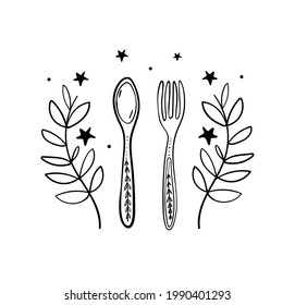 Vintage boho fork and spoon icon with floral ornament, vintage linear icon for menu, social networks. Colored line doodle sketch illustration for cafe, restaurant. Vector isolated on white background.