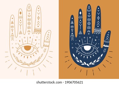 Vintage boho hand outline and silhouette version. Mystic vector symbol. Esoteric eye and moon. Magic female palm. Ethnic oriental pattern on the hand. Astrology design.