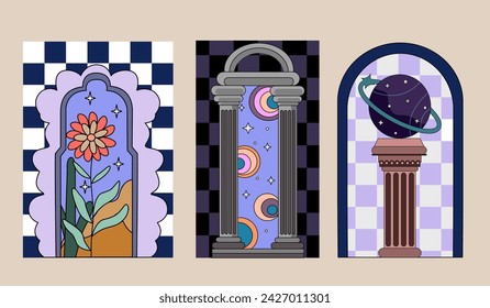 Vintage Boho hippie styled Arch Set. Surreal landscape with arch door in the starry sky. Posters with surreal abstract arch. Vaporwave style vector illustration.