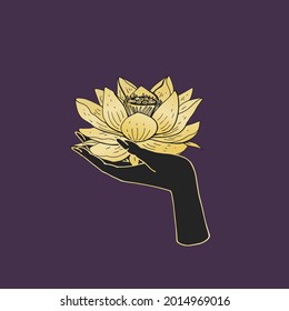Vintage boho illustration of female Hand holding lotus flower.