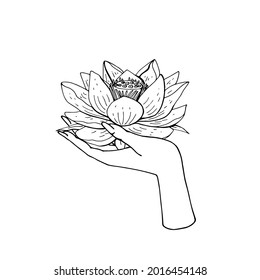 Vintage boho illustration of female Hand holding lotus flower.