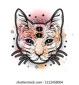 Vintage boho illustration with four eyed magic cat at watercolor background