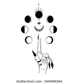 Vintage boho illustration with magic hands and moon phases. Astrology and astronomy concept.