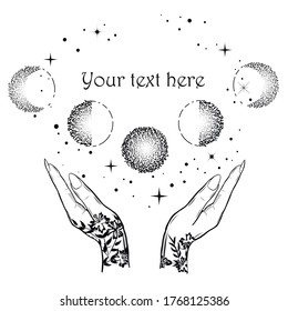 Vintage boho illustration with magic hands and moon phases. Astrology and astronomy concept.