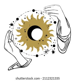 Vintage boho illustration with magic hands and planets. Astrology and astronomy concept.