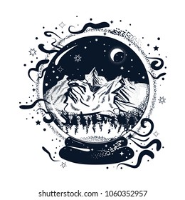Ilustración de boho vintage con bola predictiva. Esfera del cajero de Fortune.Estilo de exposición doble.