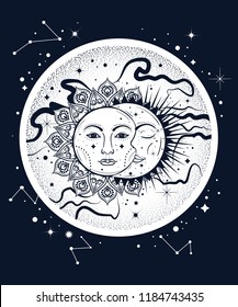 Vintage boho illustration of sun and moon. eclipse concept