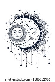 Vintage boho illustration of sun and moon. Dreamcatcher concept