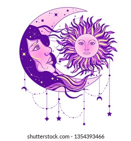 Vintage boho illustration of sun and moon. Dreamcatcher concept