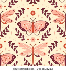 Vintage Boho mystical background. Seamless pattern with butterflies and dragonflies. Bohemian vibe backdrop. Mystery insects